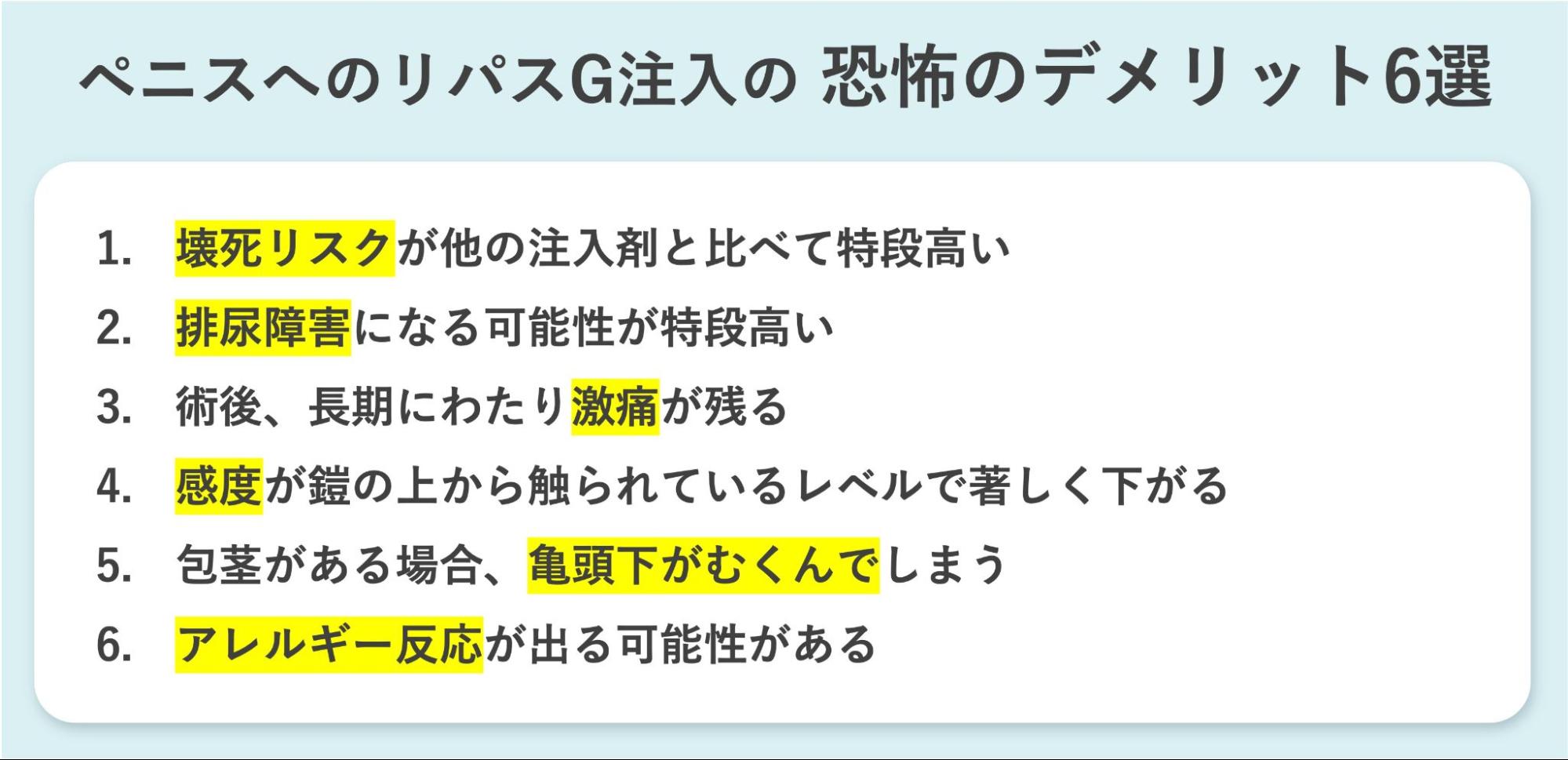 ペニスへのリパスG注入のデメリットの一覧
